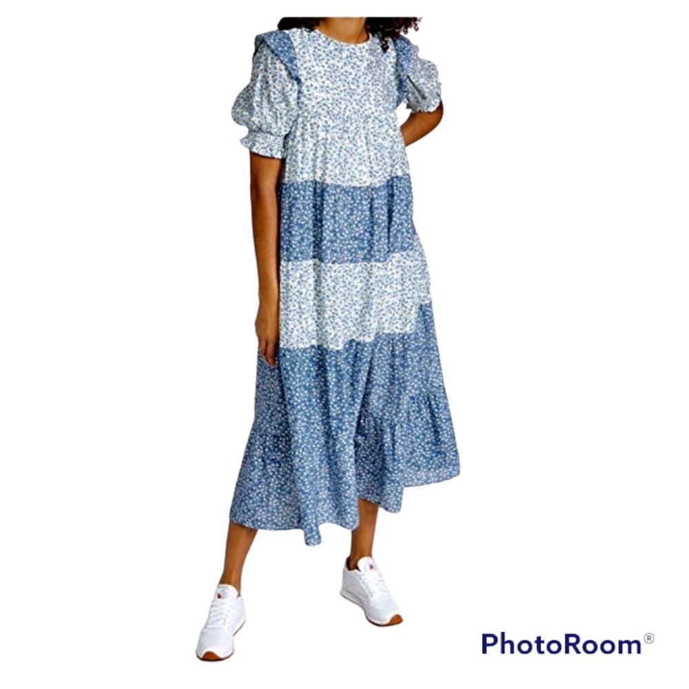 Dress Maxi Boho NWT Endless Rose Mini-Floral Tiered Ruffle Trim Lt Blu Dnm Blu L
